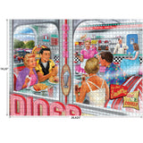 Relive a classic diner vibe with the ROSEART BACK TO THE PAST DINER DOUBLE DATE 1000 piece puzzle, showcasing couples and waitresses under “Sandwiches” and “Hot Coffee” signs. Finished size: 19.25" x 26.625".