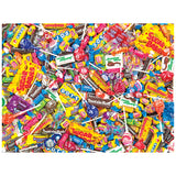 A 500-piece jigsaw puzzle featuring a vibrant pile of lollipops, Tootsie Rolls, Sugar Daddies, Dots, and other candies from the ROSEART SNACK ASSORTMENT TOOTSIE MEGA MIX.