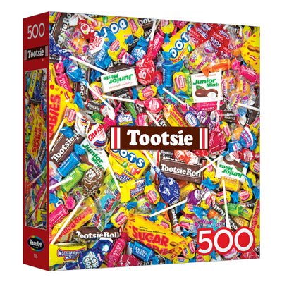 The ROSEART Snack Assortment Tootsie Mega Mix 500-piece jigsaw puzzle showcases colorful sweets, making it a perfect gift for candy lovers and puzzle enthusiasts.