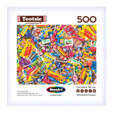 The ROSEART Snack Assortment Tootsie Mega Mix 500-piece jigsaw puzzle features vibrant images of classic candies, including Tootsie Rolls, Dots, Sugar Babies, and Junior Mints.