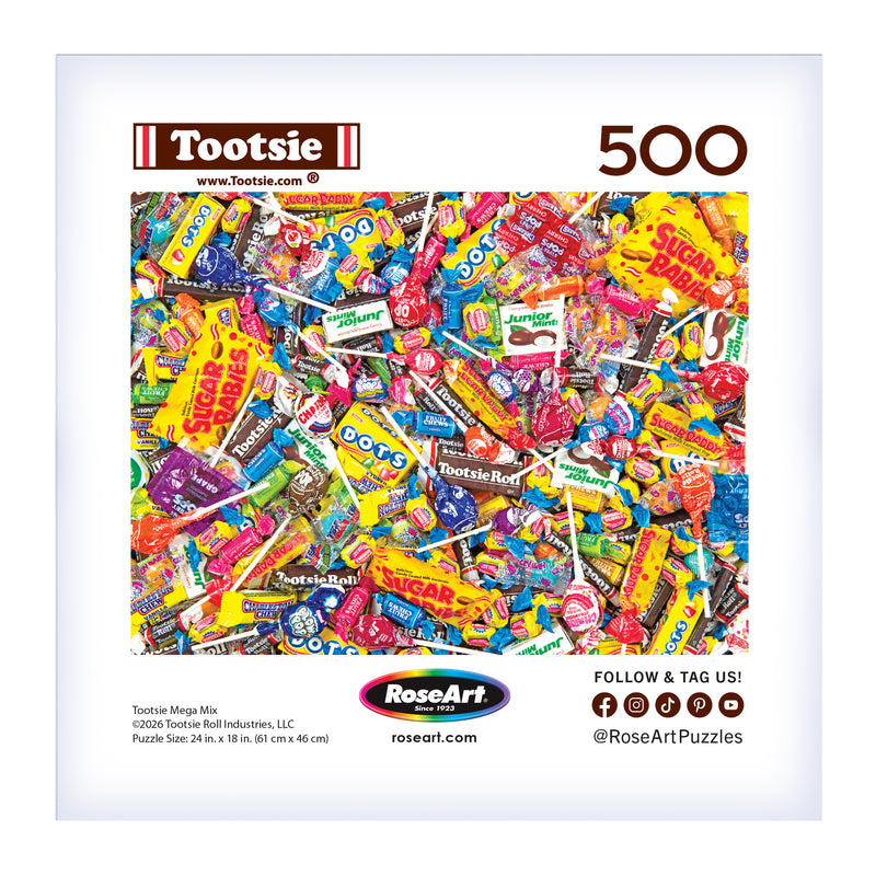 The ROSEART Snack Assortment Tootsie Mega Mix 500-piece jigsaw puzzle features vibrant images of classic candies, including Tootsie Rolls, Dots, Sugar Babies, and Junior Mints.