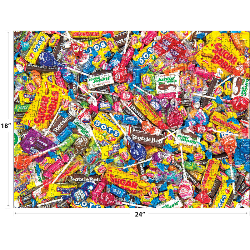 Enjoy piecing together the ROSEART-SNACK ASSORTMENT-TOOTSIE MEGA MIX 500 PIECE JIGSAW PUZZLE, featuring an 18x24 inch image of favorites like Tootsie Rolls, Sugar Daddy, Dots, and assorted lollipops in a vibrant candy pile.