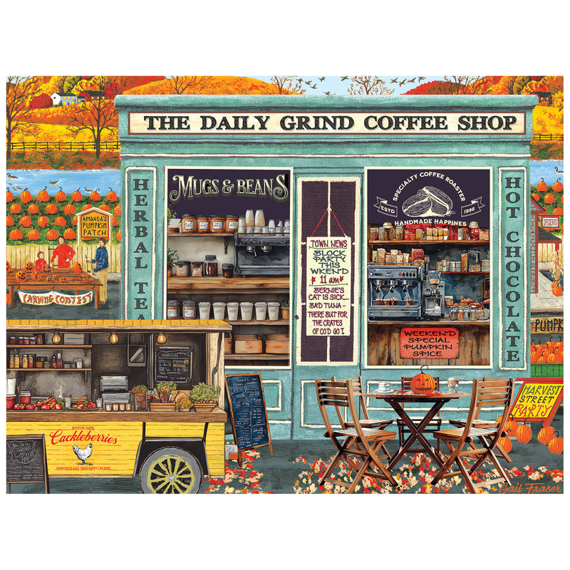 The ROSEART-KODAK PREMIUM-THE DAILY GRIND-350 PIECE JIGSAW PUZZLE showcases an inviting coffee shop scene with outdoor tables, fall decorations, a herbal tea stand, mugs, beans, pastries, and a weekend specials board.