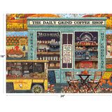 The ROSEART-KODAK PREMIUM-THE DAILY GRIND 350 piece jigsaw puzzle features a vibrant coffee shop exterior with mugs, coffee items, autumn décor, and outdoor tables. Crafted on KODAK premium board. Finished size: 18" x 24".