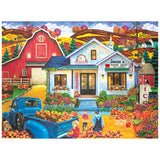 Junior’s Farmers Market Enjoy assembling the ROSEART-KODAK PREMIUM Junior's Farmer's Market 350 piece jigsaw puzzle, featuring a vibrant autumn scene with a rural grocery, barn, vintage truck, produce stands, pumpkins, and shoppers in the countryside.