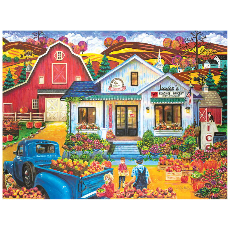 Junior’s Farmers Market Enjoy assembling the ROSEART-KODAK PREMIUM Junior's Farmer's Market 350 piece jigsaw puzzle, featuring a vibrant autumn scene with a rural grocery, barn, vintage truck, produce stands, pumpkins, and shoppers in the countryside.