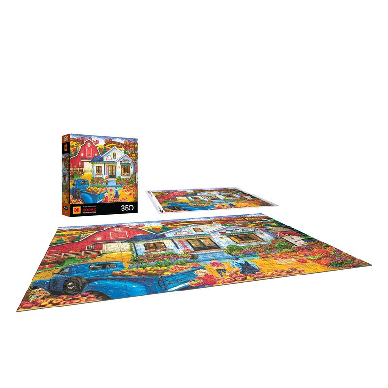 A completed ROSEART-KODAK PREMIUM "Junior's Farmer's Market" 350-piece jigsaw puzzle, with its box and reference image, is displayed on a white background.