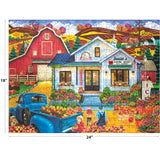 A completed ROSEART-KODAK PREMIUM Junior's Farmer's Market 350-piece jigsaw puzzle features pumpkins, a blue truck, a red barn, and autumn hills; finished size is 18" x 24".
