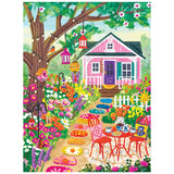 Enjoy assembling the ROSEART-OLIVIA GIBBS-FLORAL GARDEN 300 piece jigsaw puzzle, featuring a pink house, blooming flowers, lanterns, a tree, and a cozy tea patio along a stone path—a colorful and charming garden scene.