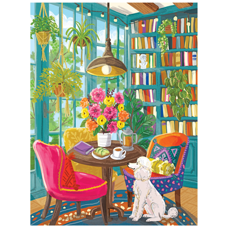 The ROSEART-OLIVIA GIBBS-HOME LIBRARY-300 PIECE JIGSAW PUZZLE features a colorful room with big windows, plants, bookshelves, a round table with flowers, coffee, pastries, two chairs, and a white poodle on a rug.