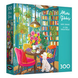 The ROSEART-OLIVIA GIBBS-HOME LIBRARY-300 PIECE JIGSAW PUZZLE features a cozy library scene with bookshelves, plants, a table of flowers, two chairs, and a white dog, offering charming illustrated detail.