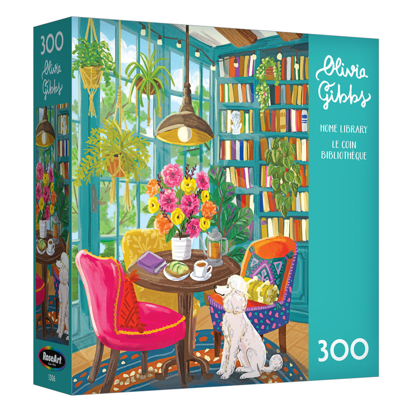 The ROSEART-OLIVIA GIBBS-HOME LIBRARY-300 PIECE JIGSAW PUZZLE features a cozy library scene with bookshelves, plants, a table of flowers, two chairs, and a white dog, offering charming illustrated detail.