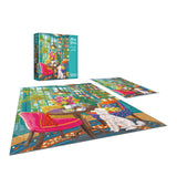The ROSEART-OLIVIA GIBBS-HOME LIBRARY 300 piece puzzle shows a colorful room with a pink chair, tea table, bookshelves, plants, and a white poodle. Box and image reference are included for easy assembly.