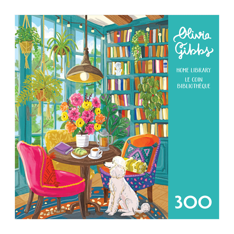 A cozy home library with bookshelves, plants, a vase on a round table, two chairs, a dog, and sunlit windows—pictured in the ROSEART-OLIVIA GIBBS-HOME LIBRARY-300 PIECE JIGSAW PUZZLE.