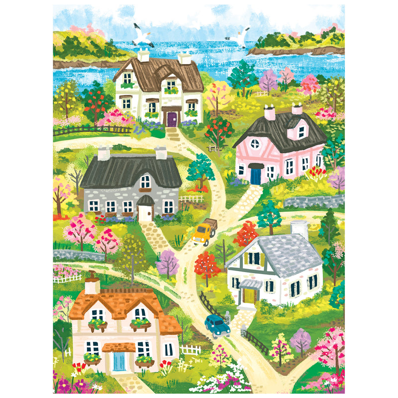 Colorful village scene with five houses, gardens, trees, two cars, a lake, and birds—perfect as the ROSEART-OLIVIA GIBBS-COASTAL COTTAGE TOWN-300 PIECE JIGSAW PUZZLE design.