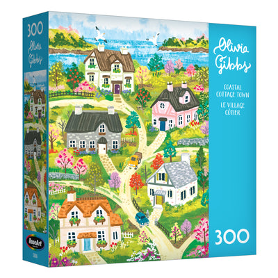 The ROSEART-OLIVIA GIBBS-COASTAL COTTAGE TOWN 300 piece jigsaw puzzle features colorful illustrated cottages, gardens, and scenic views—perfect for relaxing afternoons.