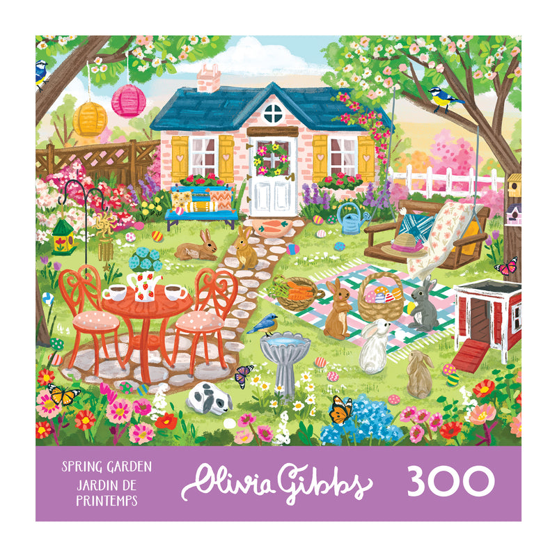 The ROSEART-OLIVIA GIBBS-EASTER GARDEN-300 PIECE JIGSAW PUZZLE box shows a vibrant Easter garden with animals, flowers, patio furniture, a doghouse, and a house, plus artist "Olivia Gibbs" and its 300 piece count on the cover.