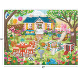 The ROSEART-OLIVIA GIBBS-EASTER GARDEN 300 piece jigsaw puzzle showcases a vibrant Easter garden with a house, flowers, animals, playground equipment, and more. Finished size: 18" x 24".