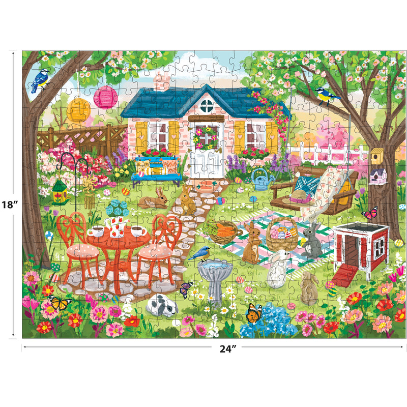 The ROSEART-OLIVIA GIBBS-EASTER GARDEN 300 piece jigsaw puzzle showcases a vibrant Easter garden with a house, flowers, animals, playground equipment, and more. Finished size: 18" x 24".