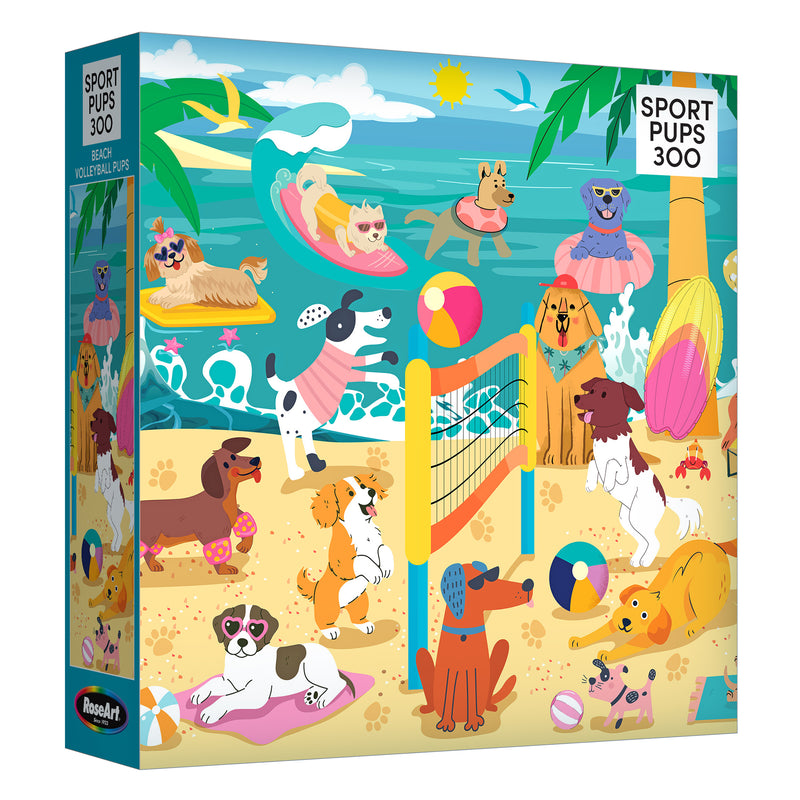 RoseArt Sports Pups Les chiots de volleyball de plage Puzzle de 300 pièces – Scène de plage de chiens