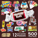 Assorted candy-themed puzzles featuring brands like Cra-Z-Art - RoseArt - Mini Shaped - TOOTSIE ROLLS - 500 Piece Jigsaw Puzzles - Challenging Family Fun. Includes a total of 500 pieces and a bonus puzzle poster.