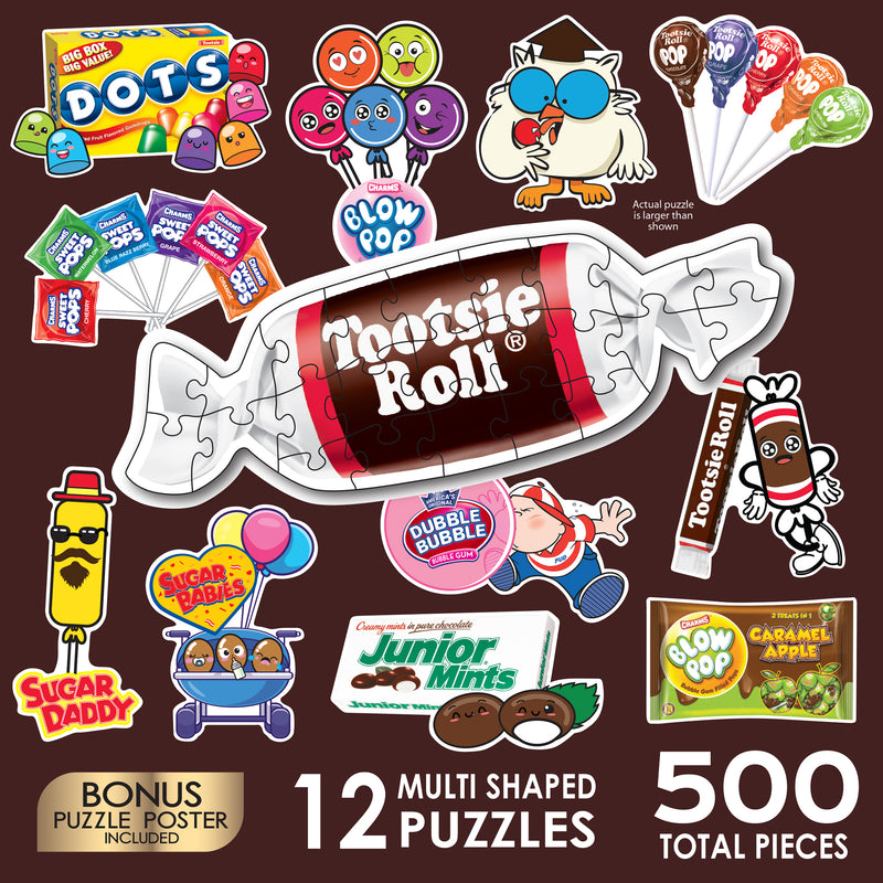 Assorted candy-themed puzzles featuring brands like Cra-Z-Art - RoseArt - Mini Shaped - TOOTSIE ROLLS - 500 Piece Jigsaw Puzzles - Challenging Family Fun. Includes a total of 500 pieces and a bonus puzzle poster.