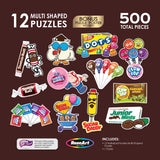 Image of a puzzle set box showcasing 12 multi-shaped puzzles with candy themes, featuring candies like Tootsie Rolls, Dots, and Junior Mints. The box includes 500 puzzle pieces and a bonus poster. Product Name: Cra-Z-Art - RoseArt - Mini Shaped - TOOTSIE ROLLS - 500 Piece Jigsaw Puzzles - Challenging Family Fun