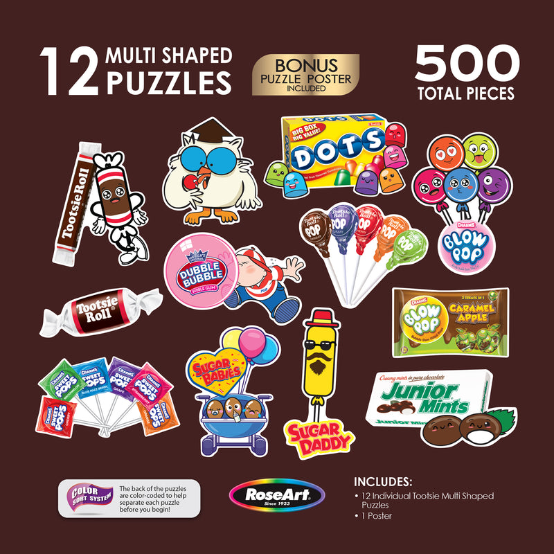 Image of a puzzle set box showcasing 12 multi-shaped puzzles with candy themes, featuring candies like Tootsie Rolls, Dots, and Junior Mints. The box includes 500 puzzle pieces and a bonus poster. Product Name: Cra-Z-Art - RoseArt - Mini Shaped - TOOTSIE ROLLS - 500 Piece Jigsaw Puzzles - Challenging Family Fun