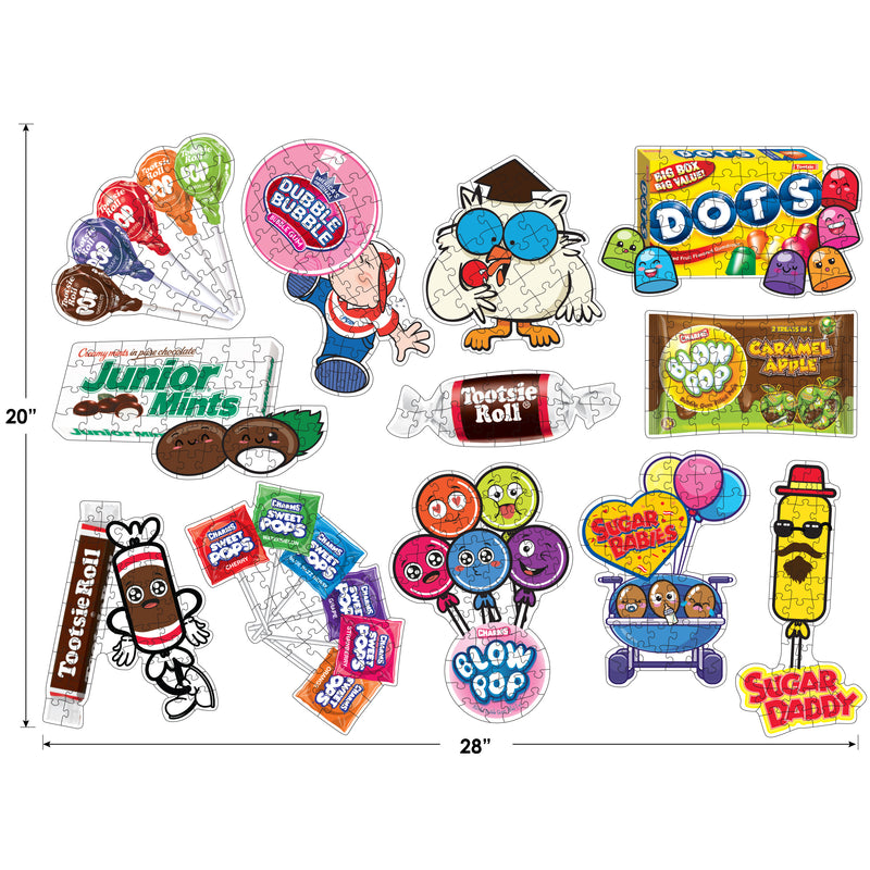 A collage of candy-themed cartoon characters, including Junior Mints, Tootsie Roll, Dubble Bubble, Dots, Blow Pop, Caramel Apple Pop, Sugar Babies, and Sugar Daddy, arranged within a 20x28 inch space can be recreated with the Cra-Z-Art - RoseArt - Mini Shaped - TOOTSIE ROLLS - 500 Piece Jigsaw Puzzles - Challenging Family Fun.