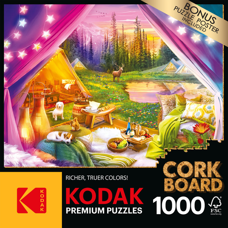 RoseArt - Kodak Cork - Glamping - 1000 Piece Jigsaw Puzzle box showing a colorful campsite scene with animals and camping equipment. The puzzle features 1000 pieces and comes with a bonus poster. Cork board included.