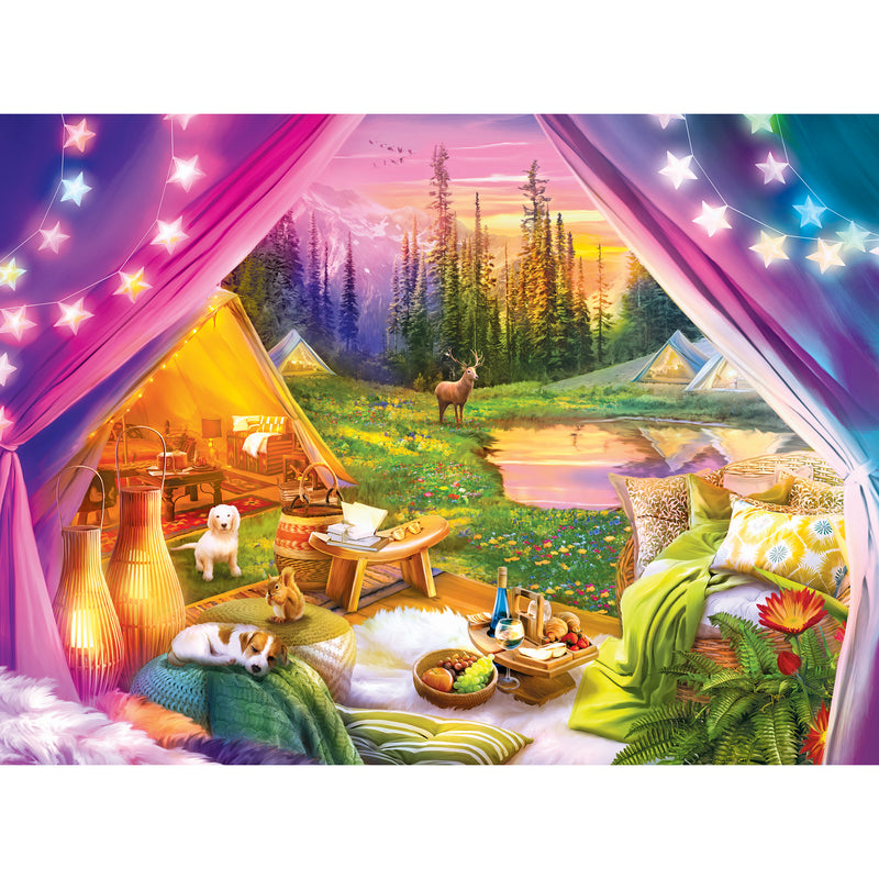 a tent with a view of a forest and mountains, RoseArt – Kodak Cork – Glamping – 1000 Piece Jigsaw Puzzle for Adults
