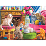 A group of kittens play with balls of yarn in a vibrant, lavishly decorated room featuring a fireplace, flowers, and ornate furniture in the RoseArt - Kodak Cork - Kittens by the Fireplace - 1000 Piece Jigsaw Puzzle.