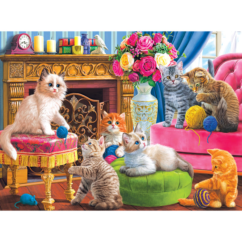 A group of kittens play with balls of yarn in a vibrant, lavishly decorated room featuring a fireplace, flowers, and ornate furniture in the RoseArt - Kodak Cork - Kittens by the Fireplace - 1000 Piece Jigsaw Puzzle.