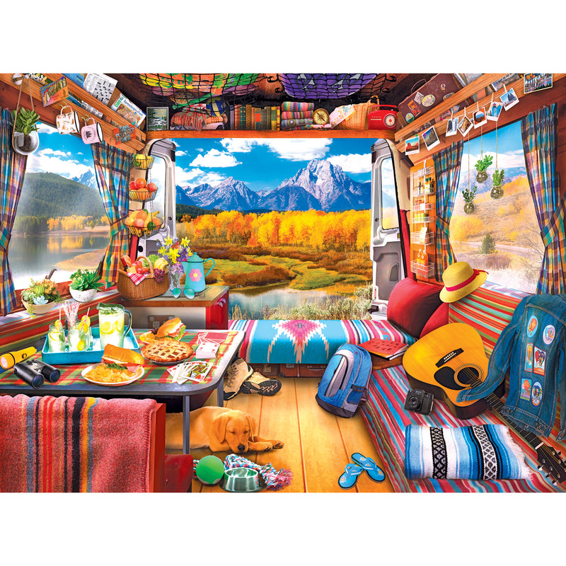 Colorful camper van interior with a table set with food, a guitar, and travel gear. The van door is open, revealing a scenic view of a lake, mountains, and autumn foliage. A dog is laying on the floor.

RoseArt - My Happy Place - Van Life, The Grand Tetons - 750 Piece Jigsaw Puzzle