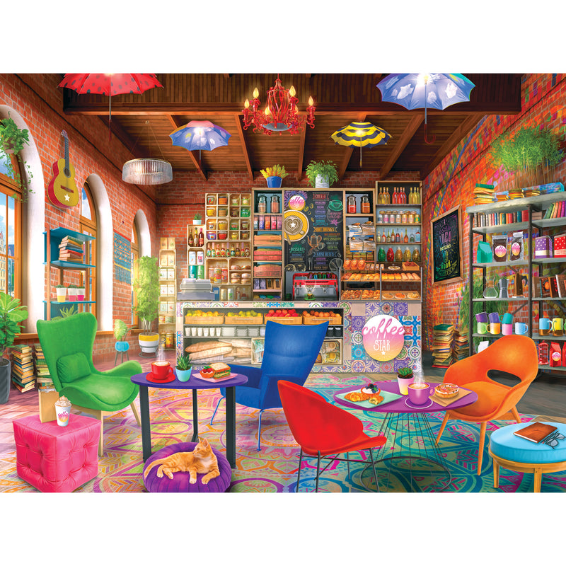 A colorful, eclectic coffee shop with vibrant chairs, tables, and a variety of displayed items. A counter with menu boards and shelves of products are seen in the background. A cat is lying on the floor. This scene is beautifully captured in the RoseArt - My Happy Place - Boho Coffeeshop - 750 Piece Jigsaw Puzzle.