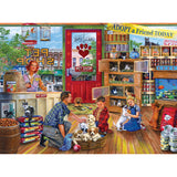 A man, woman, boy, and girl are in a pet shop with puppies and kittens. The man and boy play with puppies, while the woman and girl hold kittens. Shelves display pet products and an "Adopt a Friend Today" sign. This scene is beautifully captured in the RoseArt - Back to the Past - Pet Store Friends - 1000 Piece Jigsaw Puzzle.