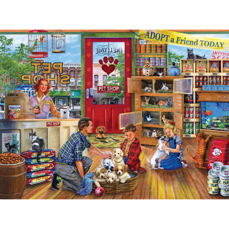 A man, woman, boy, and girl are in a pet shop with puppies and kittens. The man and boy play with puppies, while the woman and girl hold kittens. Shelves display pet products and an "Adopt a Friend Today" sign. This scene is beautifully captured in the RoseArt - Back to the Past - Pet Store Friends - 1000 Piece Jigsaw Puzzle.