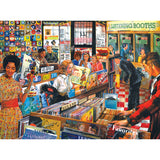 Image of a crowded, colorful 1960s record store with people browsing vinyl records, including sections for rock, pop, and romantic music. Listening booths are visible in the background. RoseArt - Back to the Past - Record Store - 1000 Piece Jigsaw Puzzle