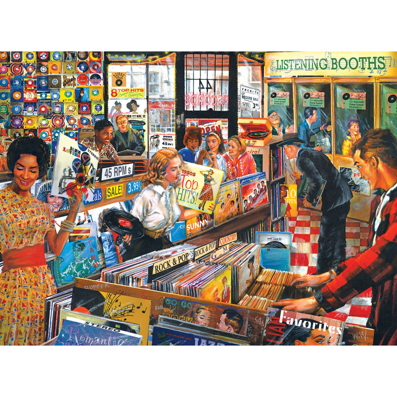 Image of a crowded, colorful 1960s record store with people browsing vinyl records, including sections for rock, pop, and romantic music. Listening booths are visible in the background. RoseArt - Back to the Past - Record Store - 1000 Piece Jigsaw Puzzle