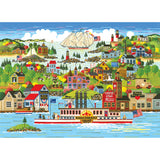 Illustrated scene of a harbor town featuring a steamboat named "Americana" in the foreground and various colorful buildings, ships, and landscapes in the background. 

RoseArt - Home Country - The Americana - 1000 Piece Jigsaw Puzzle