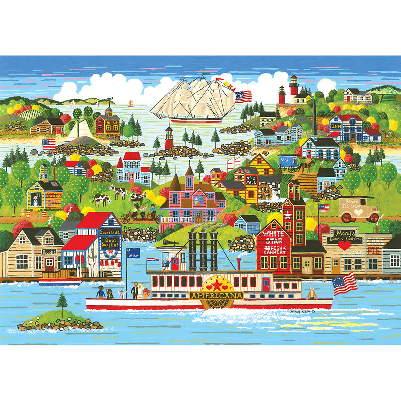 Illustrated scene of a harbor town featuring a steamboat named "Americana" in the foreground and various colorful buildings, ships, and landscapes in the background. 

RoseArt - Home Country - The Americana - 1000 Piece Jigsaw Puzzle