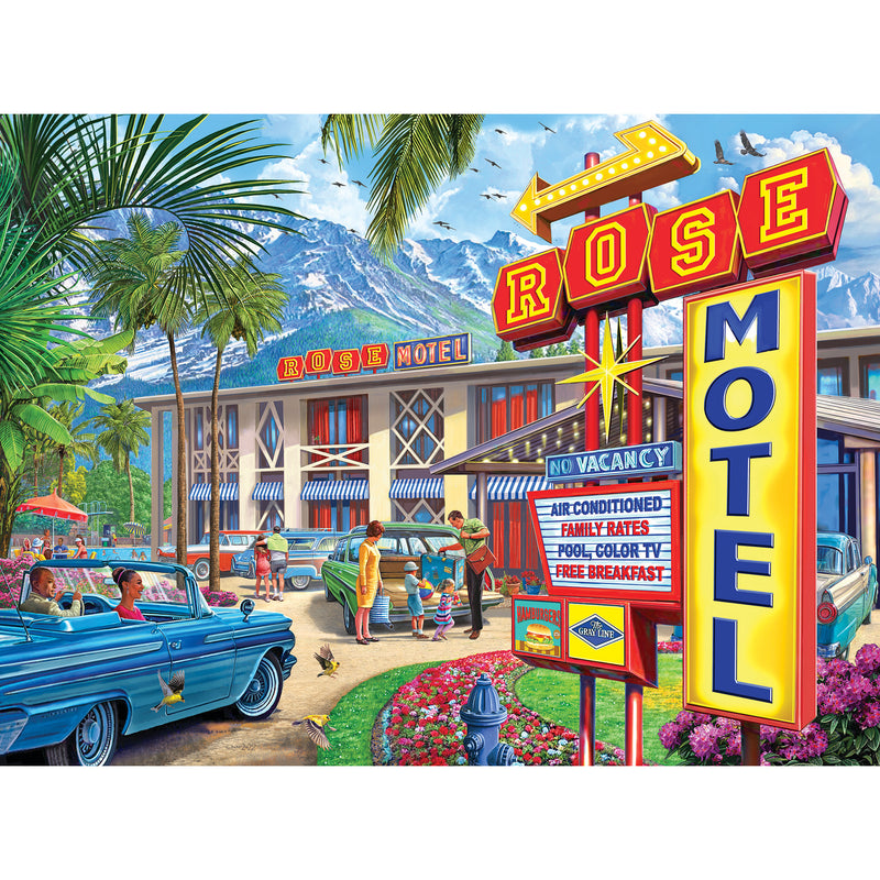 Colorful drawing of Rose Motel with classic cars parked, a family checking in, and signs advertising amenities like air conditioning, family rates, pool, color TV, and free breakfast. Mountains in the background is featured on the RoseArt - Back to the Past - Rose Motel - 1000 Piece Jigsaw Puzzle.
