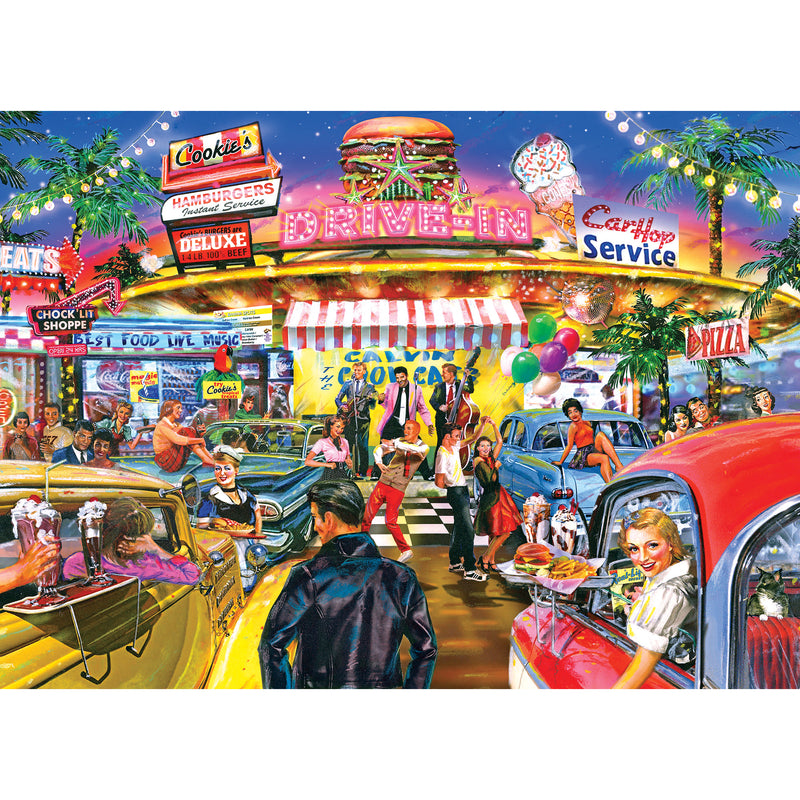 Colorful depiction of a lively 1950s drive-in diner with neon signs, vintage cars, waitresses in uniforms, patrons enjoying food and drinks, and a jukebox playing music is featured in the RoseArt - Back to the Past - Cookie's Diner - 1000 Piece Jigsaw Puzzle.