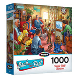 Introducing the RoseArt "Back to the Past - Family Night Television" jigsaw puzzle, a 1000-piece set depicting a 1950s family around their TV, ideal for reminiscing about classic family nights.