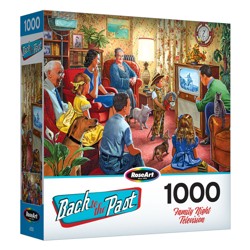 Introducing the RoseArt "Back to the Past - Family Night Television" jigsaw puzzle, a 1000-piece set depicting a 1950s family around their TV, ideal for reminiscing about classic family nights.