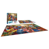 The RoseArt "Back to the Past - Family Night Television" 1000 Piece Jigsaw Puzzle features a vibrant indoor scene with people gathered in a room, ideal for a cozy family night.