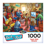 A vintage-style illustration of a cozy family gathered with their pets around a 1960s TV for a cowboy show adorns the RoseArt "Back to the Past - Family Night Television" 1000-piece jigsaw puzzle box, featuring floral wallpaper, bookshelves, and a clock.
