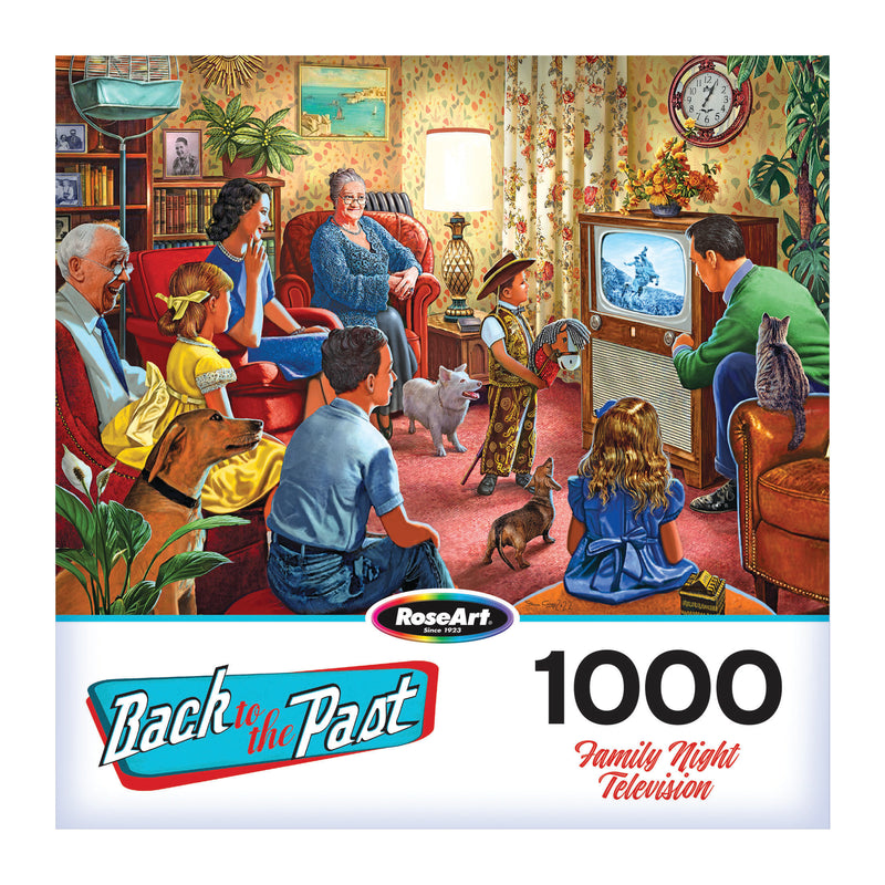 A vintage-style illustration of a cozy family gathered with their pets around a 1960s TV for a cowboy show adorns the RoseArt "Back to the Past - Family Night Television" 1000-piece jigsaw puzzle box, featuring floral wallpaper, bookshelves, and a clock.