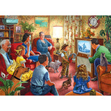 A group of adults, children, and pets are gathered in a living room, watching a black-and-white show on a vintage television. One boy dressed as a cowboy stands near the TV, holding a toy gun. The scene resembles the RoseArt - Back to the Past - Family Night Television - 1000 Piece Jigsaw Puzzle.