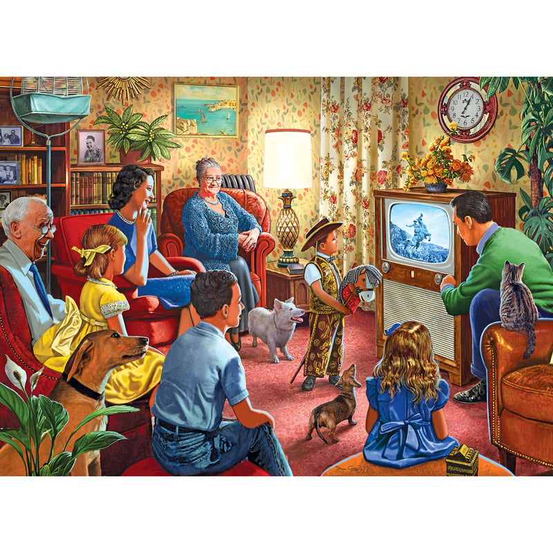 A group of adults, children, and pets are gathered in a living room, watching a black-and-white show on a vintage television. One boy dressed as a cowboy stands near the TV, holding a toy gun. The scene resembles the RoseArt - Back to the Past - Family Night Television - 1000 Piece Jigsaw Puzzle.
